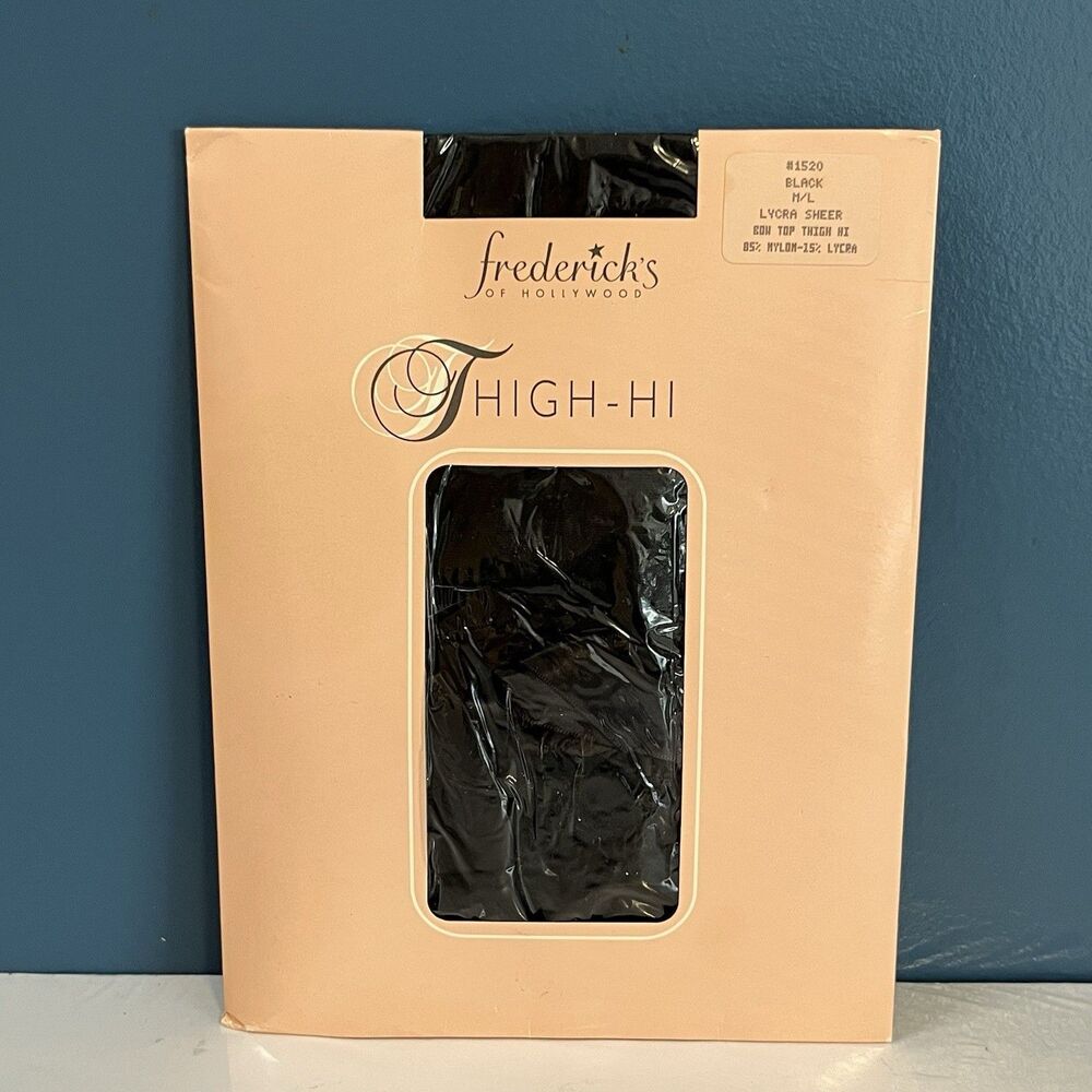 Vtg Frederick's of Hollywood Black Bow Top Thigh Hi Stockings Size M/L #1520 HTF